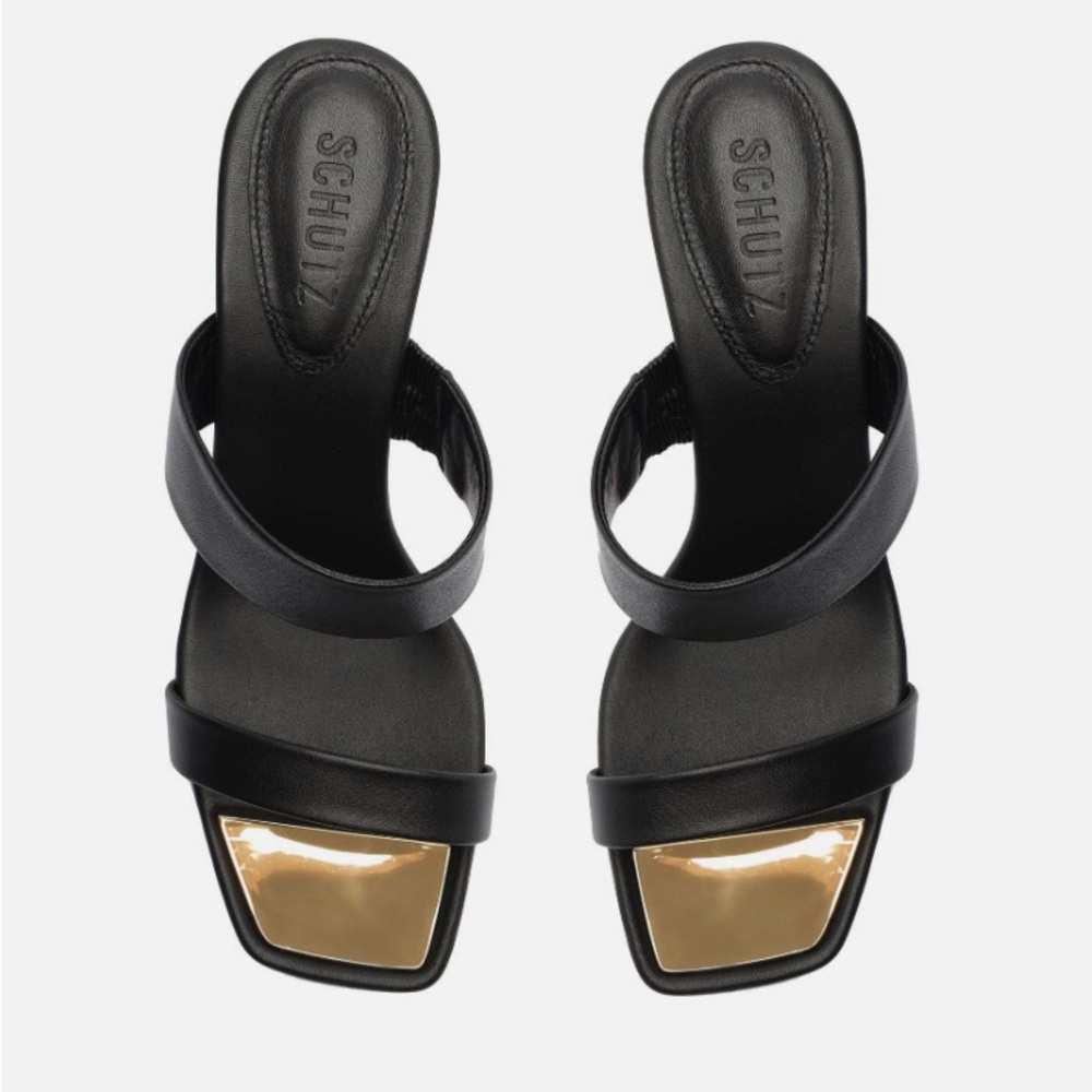 Schutz Aruana Black Heels Leather Sandal Size 10 Gold Accent EUC - Picture 3 of 10